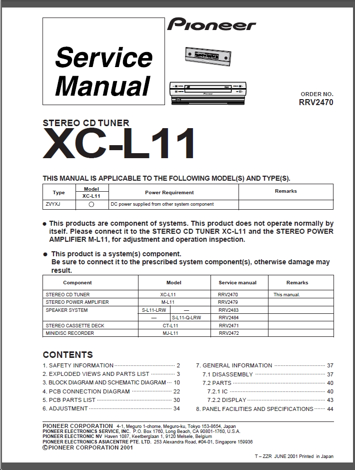 Pioneer XC-L11 Stereo CD Tuner Service Manual pdf